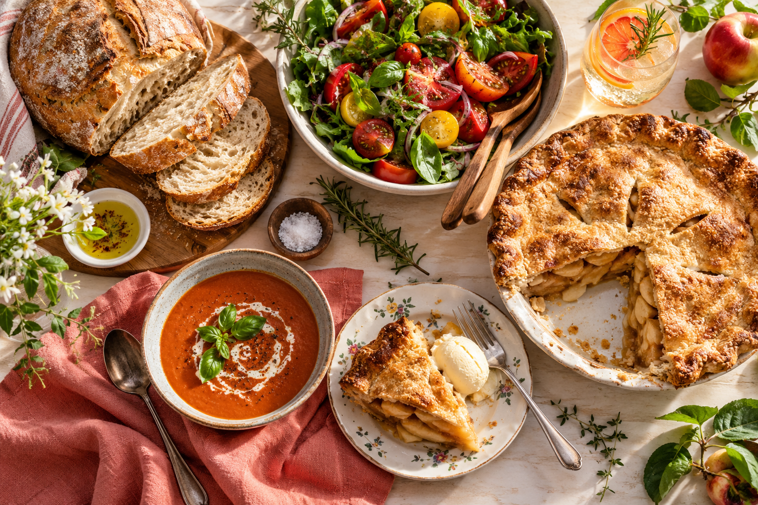 A colorful table of bread, salad, soup and apple pie